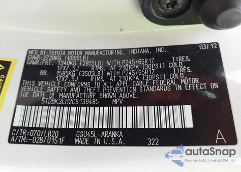 2012 Toyota Highlander Se V6 from USA, damaged, VIN 5TDBK3EH2CS139485